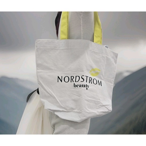 NORDSTROM beauty Canvas Tote Bag - White with Bright Yellow Handles & Lip Print! - Picture 5 of 5